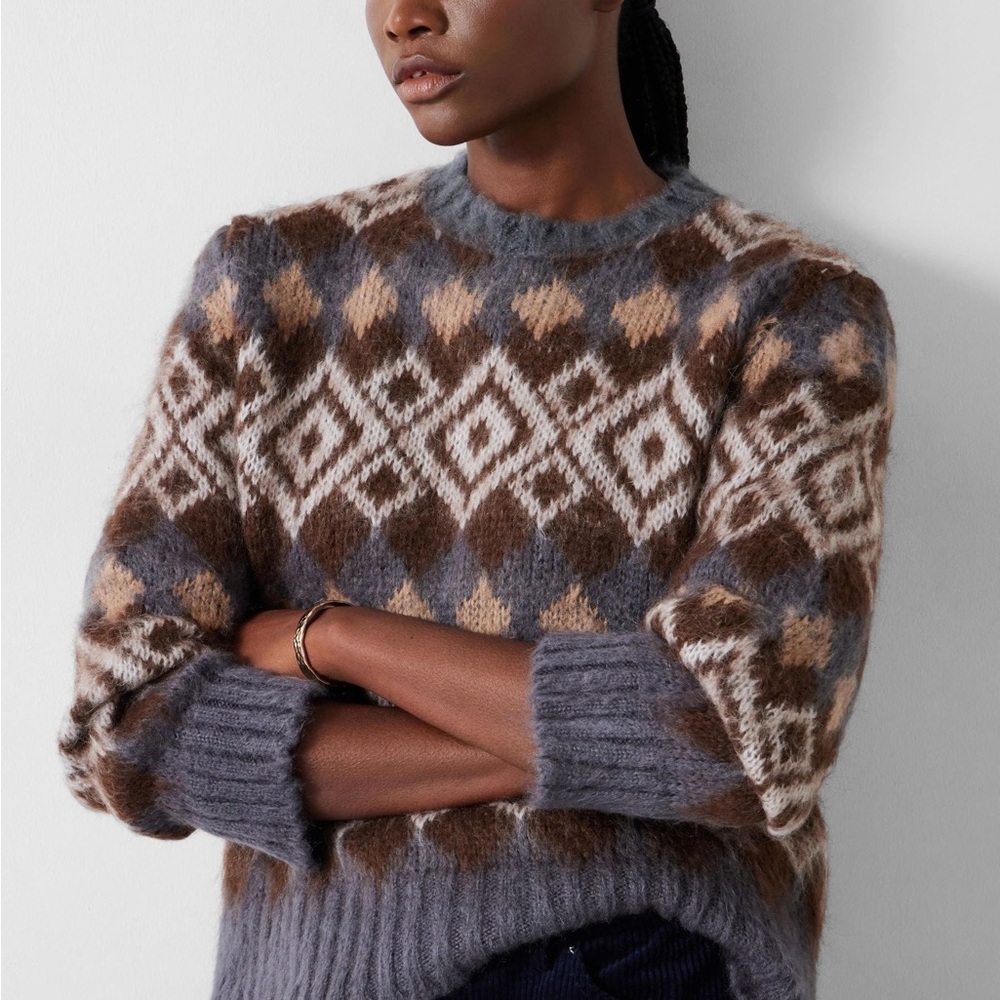 Diamond Patterned Crew Neck Sweater - Gray and Brown - Hush